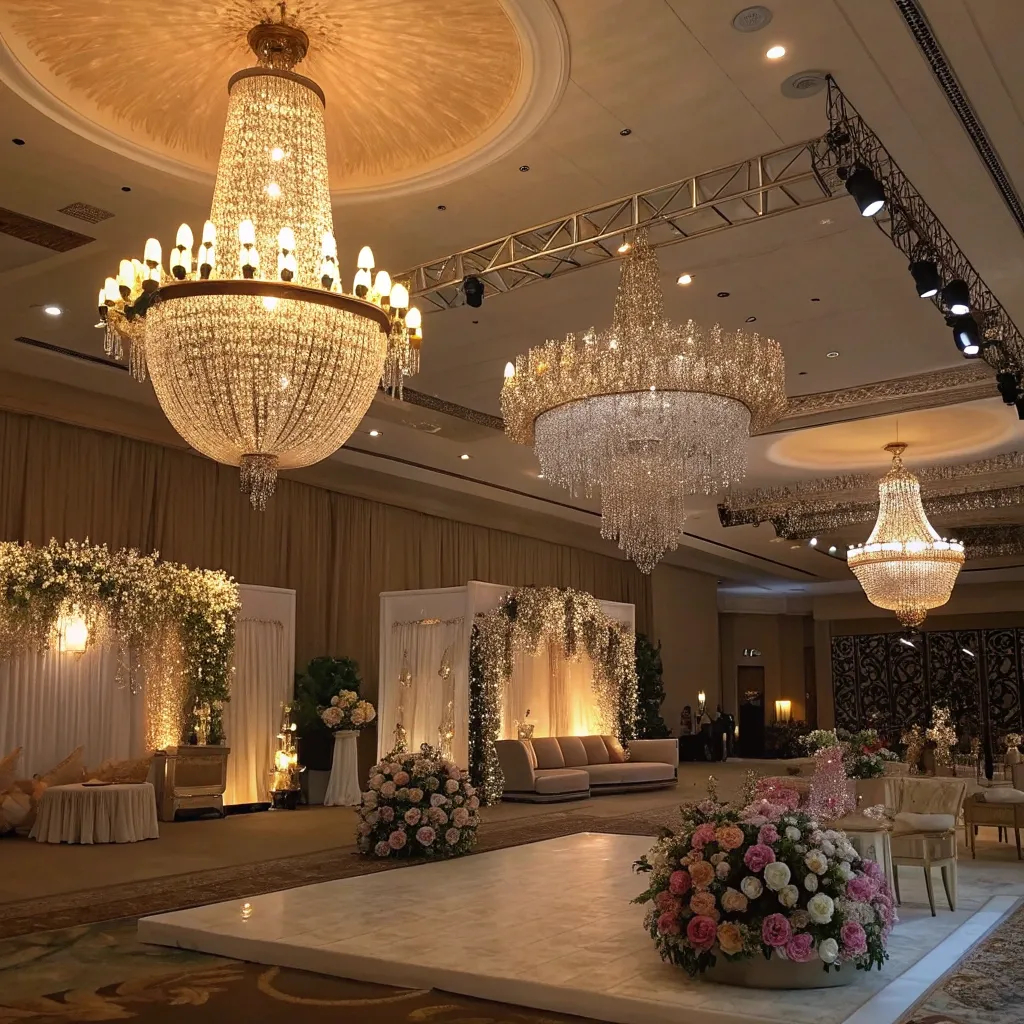 A beautifully decorated event space with elegant lighting